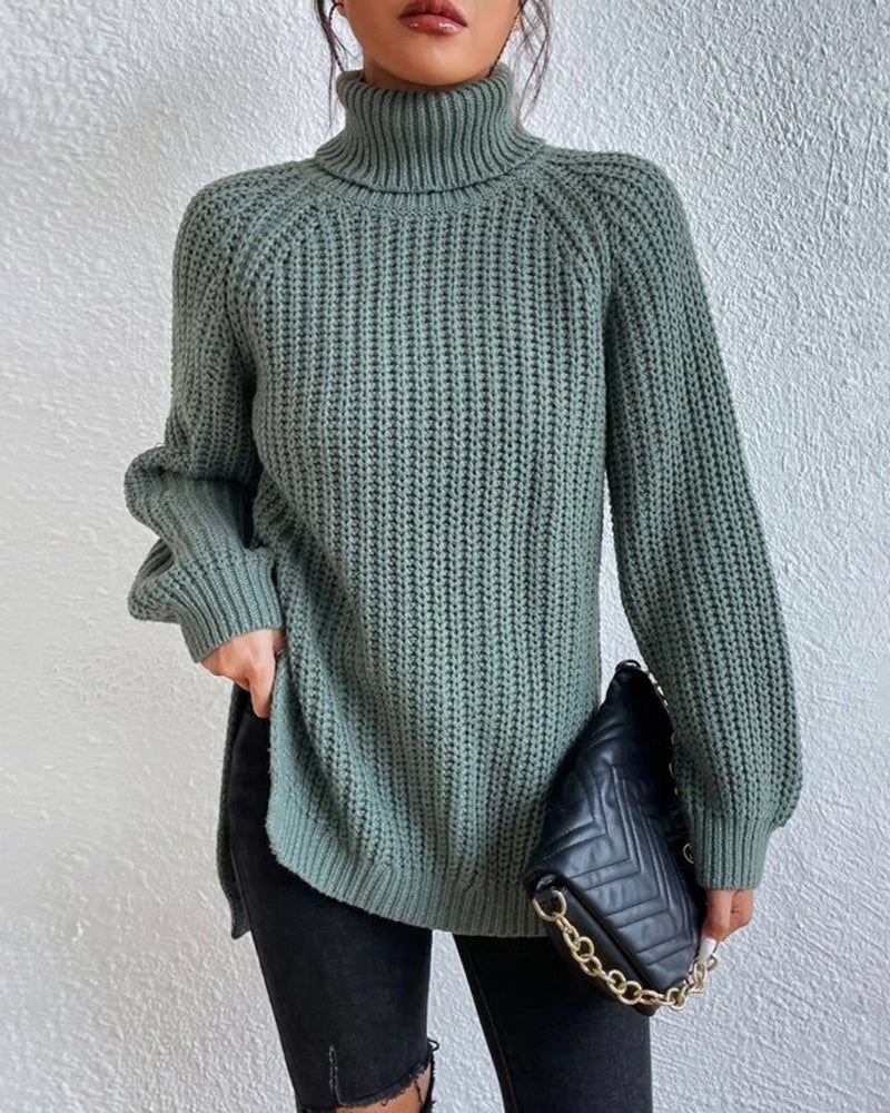 Mid-Length Raglan Sleeve Turtleneck Slit Sweater | Zeagoo