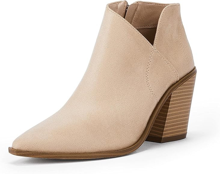 Womens Ankle Boots V Cutout Pointed Toe Western Booties Chunky Heel Side Zipper Chelsea Boots | Amazon (US)