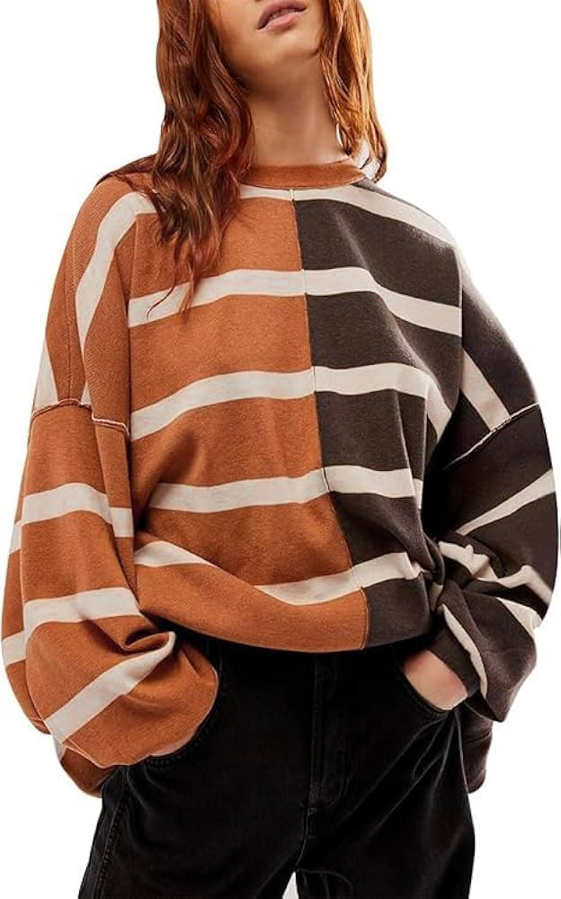 D-Sun Women's Striped Pullover Sweater Oversized Color Block Sweater Long Sleeve Lightweight Casu... | Amazon (US)