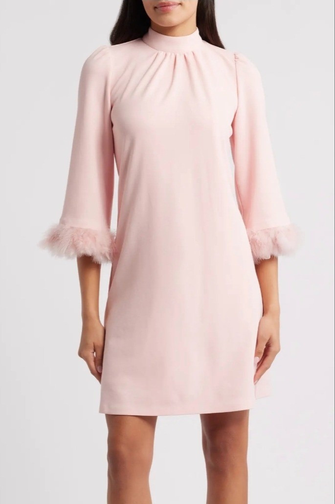 Feather trim pink winter dress for petite women.

#LTKPetite #LTKMidsize
