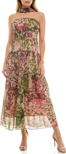 Metallic Floral Strapless Dress & Scarf Set | Nordstrom