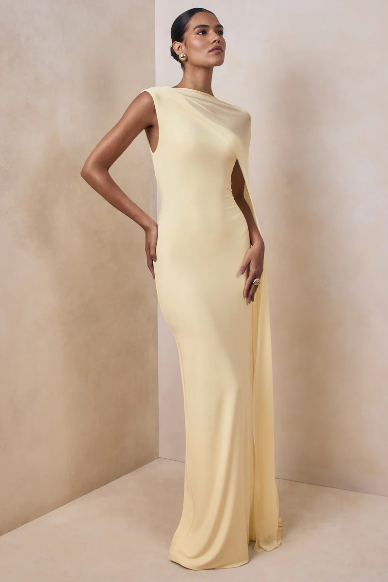 Mirelle | Lemon Boat-Neck Maxi Dress With Cape-Sleeve | Club L London