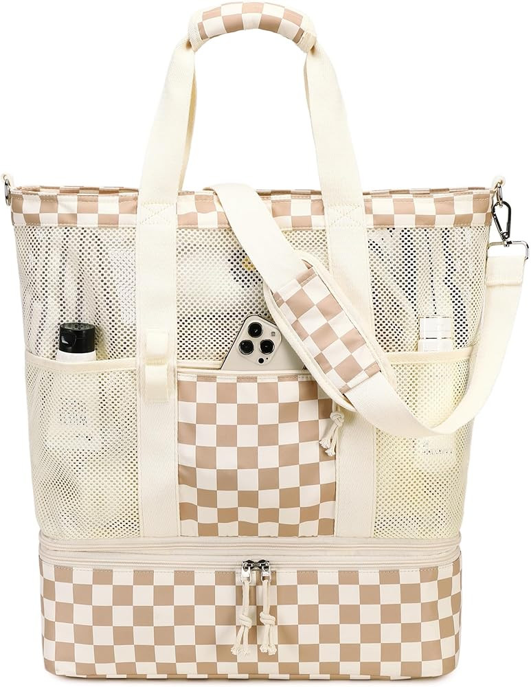 Bluboon Mesh Beach Tote Bag with Cooler Compartment Insulated Detachable Picnic Bag with Zipper a... | Amazon (US)