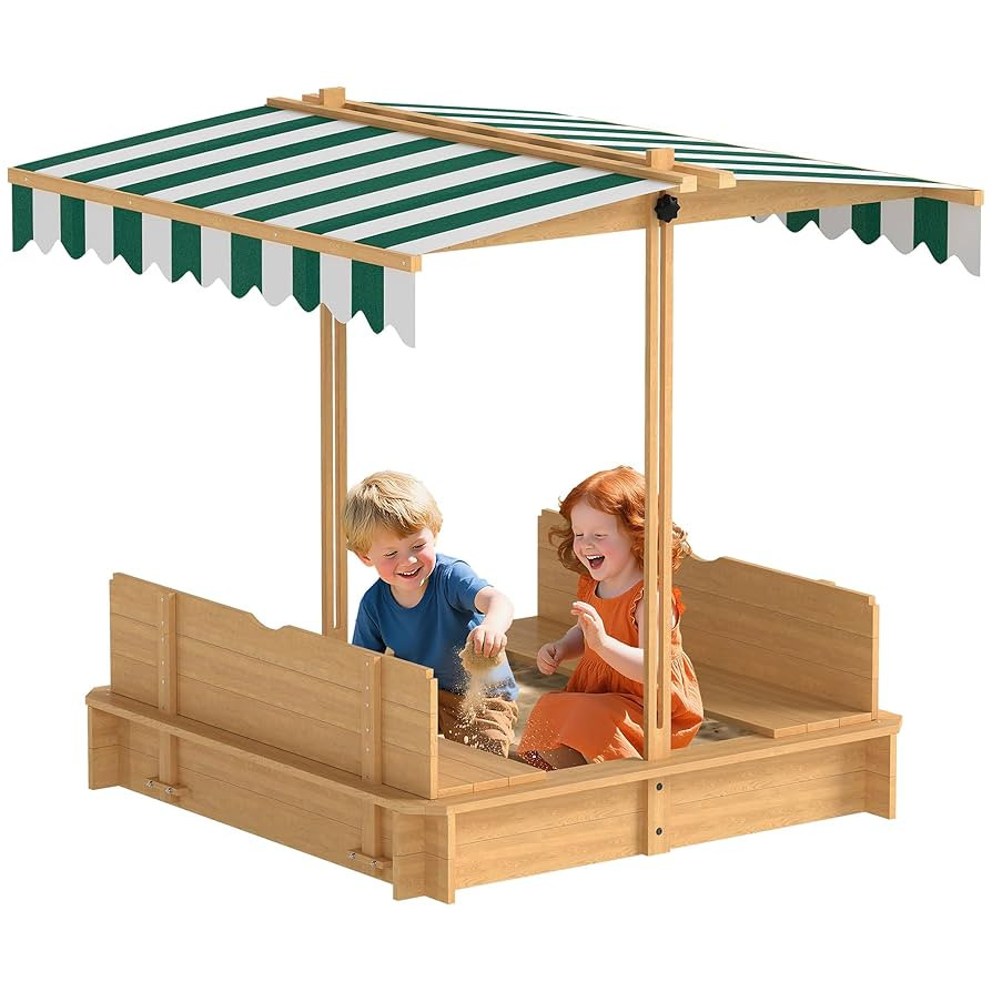 Outsunny Wooden Sandbox with Lid, Kids Sandbox with Canopy Outdoor, Sand Box with Foldable Bench ... | Amazon (US)