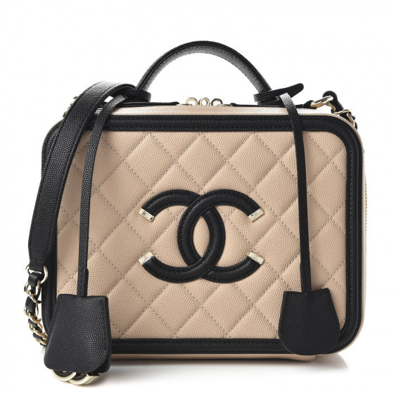 CHANEL Caviar Quilted Medium CC Filigree Vanity Case Beige Black | Fashionphile