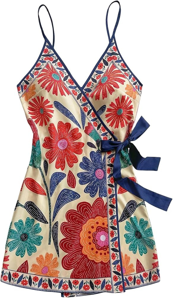 SOLY HUX Women's Tropical Print Mini Dress Summer Wrap V Neck Bow Tie Vacation Dresses | Amazon (US)