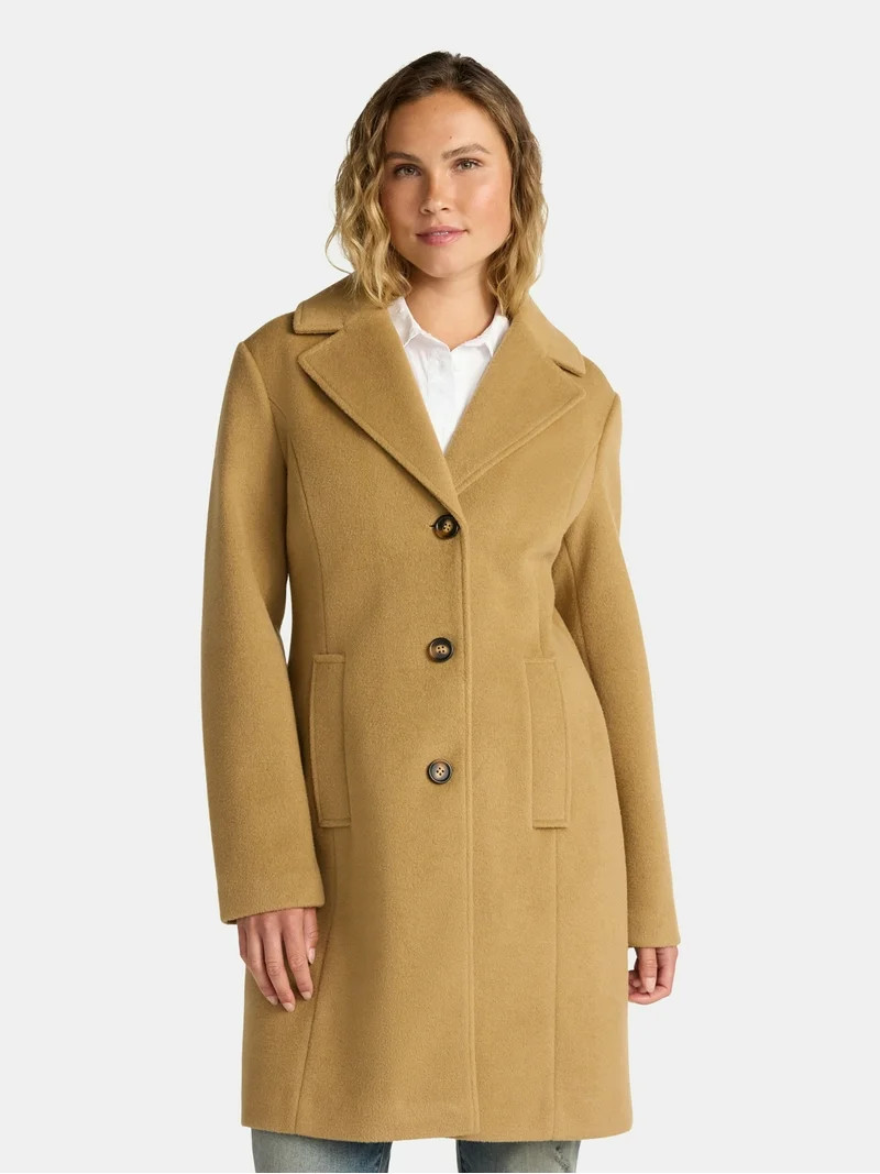 Time and Tru Women's and Women's Plus Faux Wool Boyfriend Coat, Sizes XS-2X | Walmart (US)