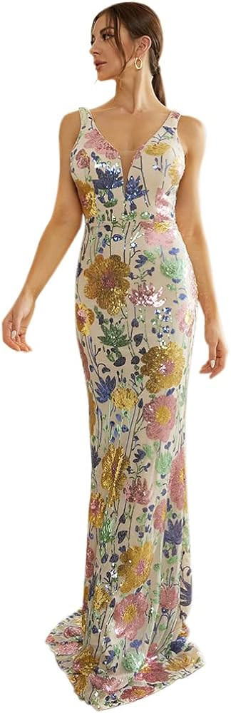 Lin Lin Q Women’s Formal Double V Floral Sequin Straps Prom Maxi Gown, Bodycon Mermaid Sleevele... | Amazon (US)