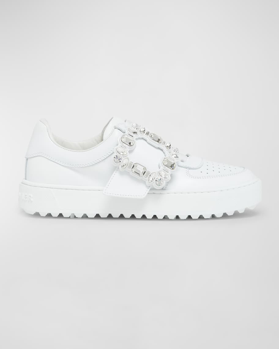 Roger Vivier Very Vivier Leather Crystal-Buckle Sneakers | Neiman Marcus