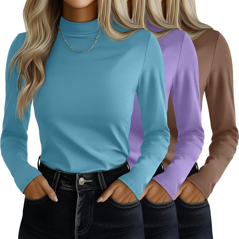 Ficerd 3 Pack Women's Mock Turtleneck Shirts, Long Sleeve Mock Neck Pullover Tops Slim Fitted Str... | Amazon (US)