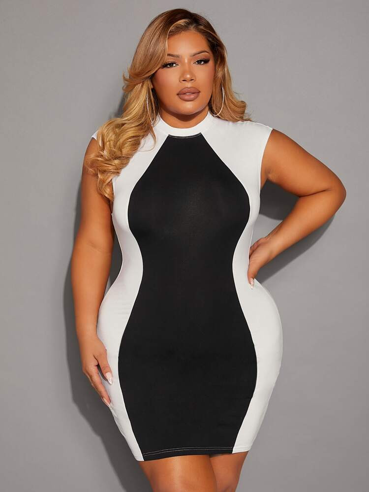 SHEIN SXY Plus Colorblock Mock Neck Bodycon Dress | SHEIN