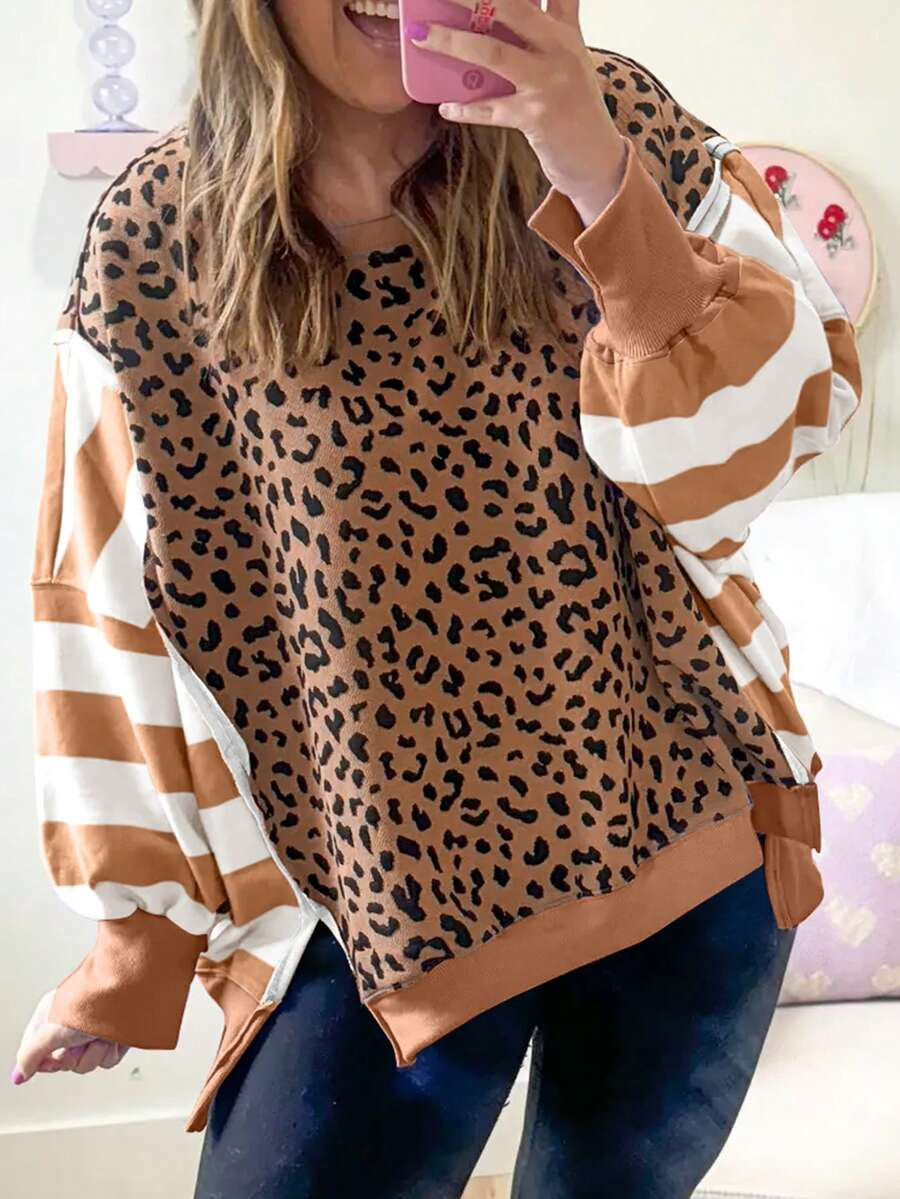 Acelitt Autumn Women's Purple Striped Patchwork Leopard Print Contrasting Ultra Loose Bat Sleeve ... | SHEIN