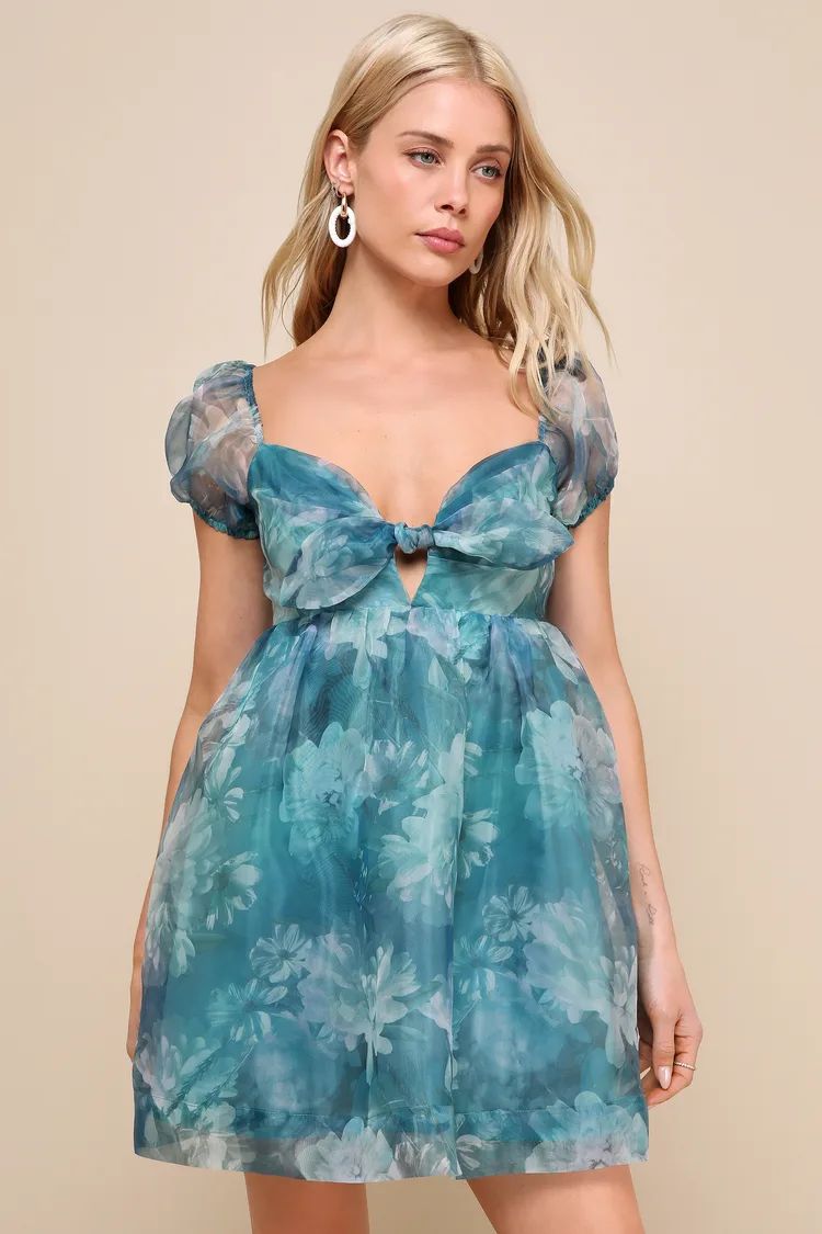 Delicate Favorite Teal Blue Floral Organza Babydoll Mini Dress | Lulus