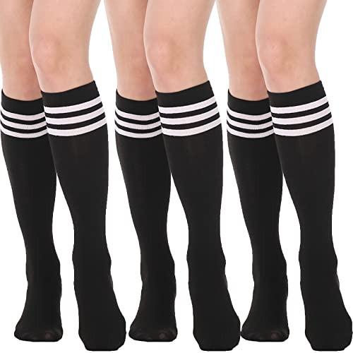DRESHOW 3 Pairs Knee High Socks for Women Girls Cotton Stripe Black Stockings Leg Warmer All Season Gift | Amazon (US)