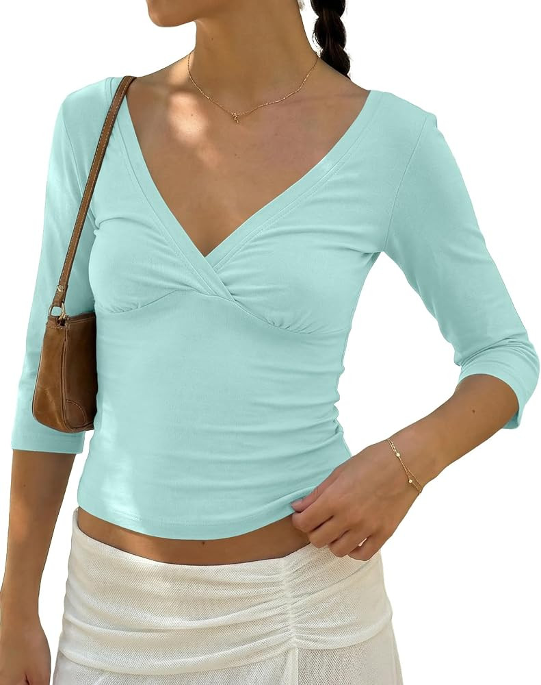 Cioatin Women 3/4 Long Sleeve Wrap V Neck Crop Tshirt Tops V Open Back Retro Tee Y2K Minimalist S... | Amazon (US)
