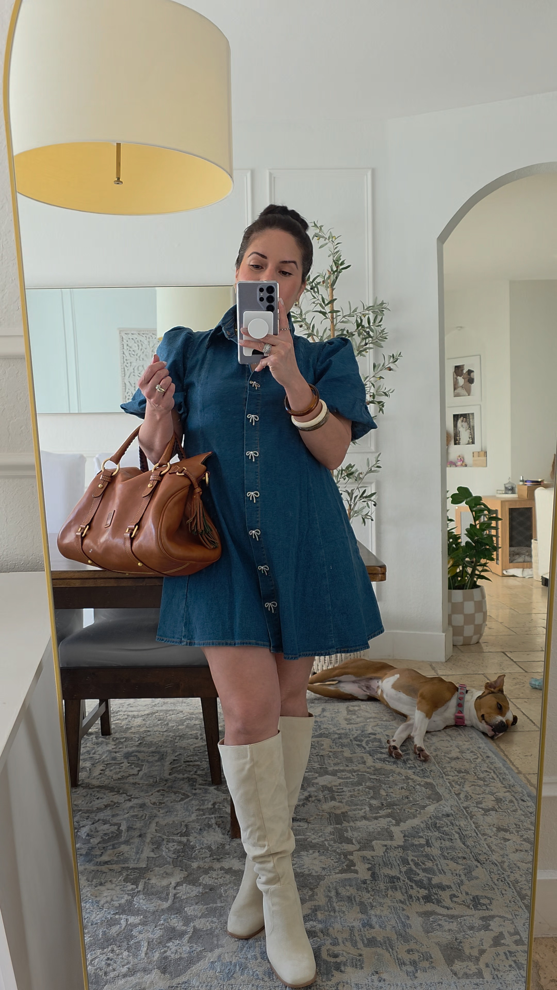 This amazon denim dress is so cute! Has pockets and the buttons are bows! Dress size smallThe boots are wide calf, my true size 6.5

#LTKPetite #LTKShoeCrush