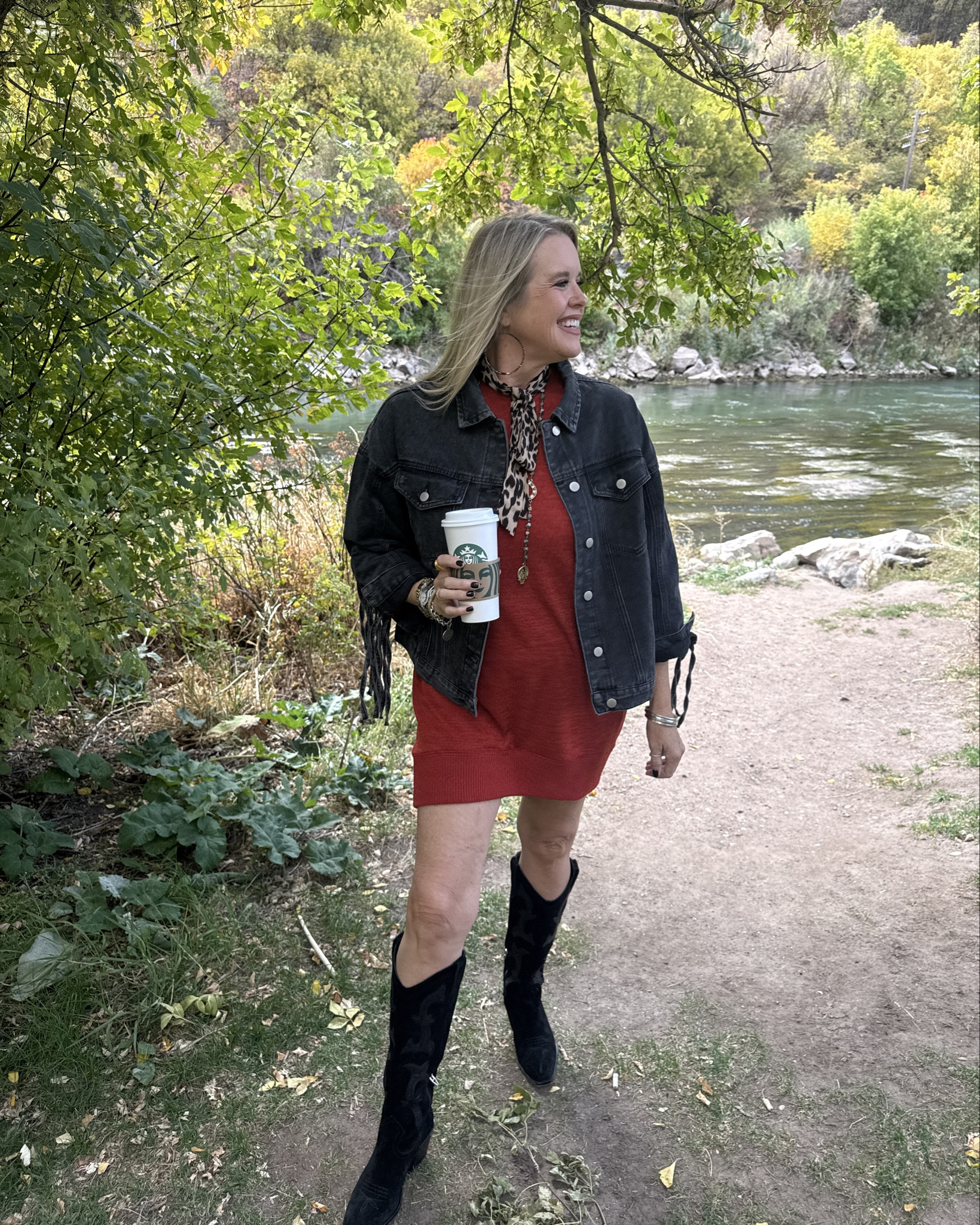 🚨
25% OFF DRESSES + SITEWIDE
CODE: FALL25

Gibsonlook sweater dress, fits tts I am in a small, and comes in several colors. I have the burgundy, pumpkin spice color . 
Perfect for Fall

Wearing the black denim fringe jacket 

Dolce vita black suede cowboy boots , size up if you don’t have a narrow foot! The pointed toe is narrow.

Leopard scarf /tie belt

Long horse shoe necklace by French Kande (not linkable) 
Link a couple pieces that have the same vibe:)




#LTKStyleTip #LTKSaleAlert #LTKFindsUnder50