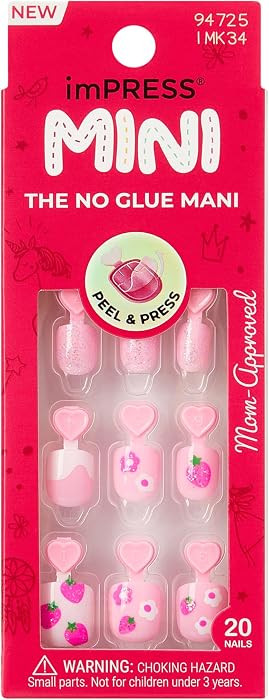 Kiss Impress No Glue Mani Press On Nails, Mini, 'Berry Cute', Pink, Kids Size, Squoval Shape, Inc... | Amazon (US)
