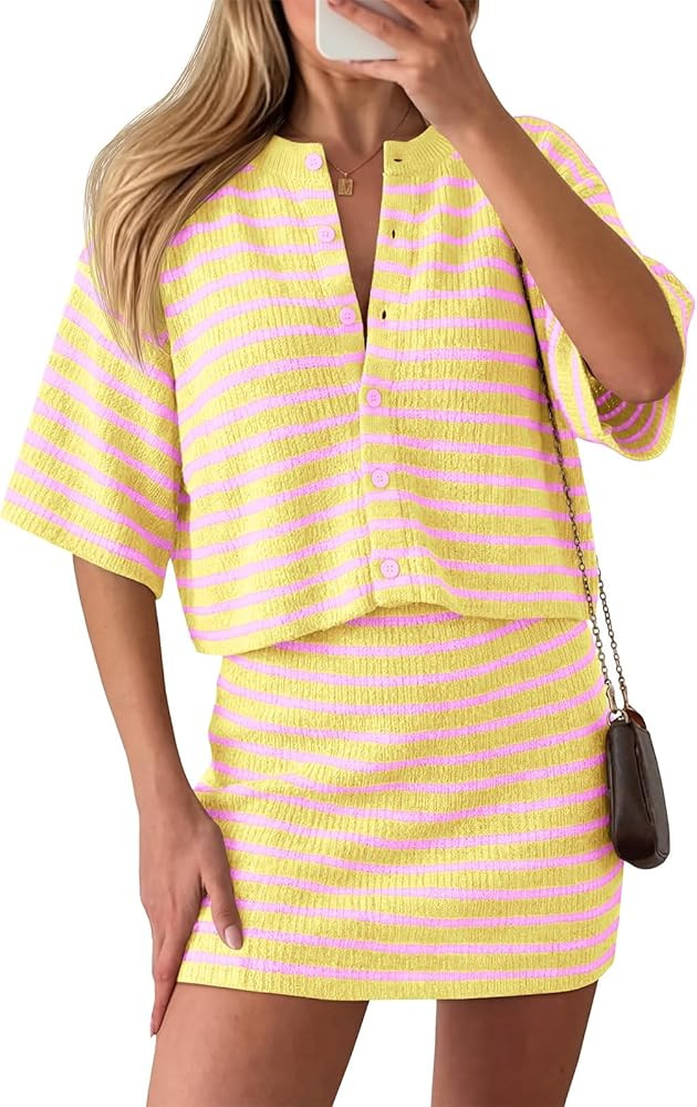 Saodimallsu Womens Two Piece Skirt Set Summer Striped Knit Short Sleeve Button Cardigans And Mini... | Amazon (US)