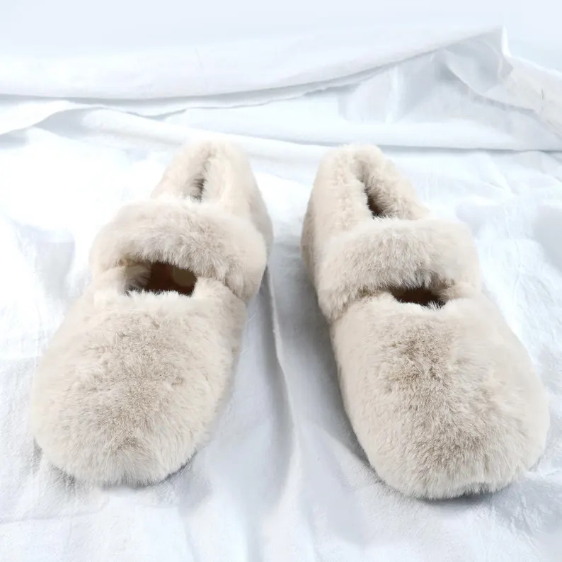 Handmade Faux Fur Plush Slippers Cozy Indoor Mary Jane Shoes Soft Fuzzy Cream Flats with Non Slip... | Etsy (Global)