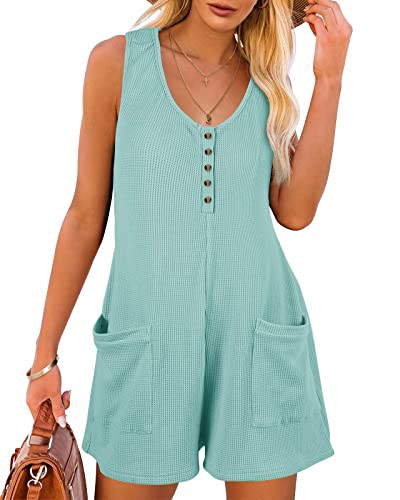 Rompers for Women Sleeveless Jumpsuits for Women Button Down Waffle Fabric Summer Vacation Outfit... | Amazon (US)