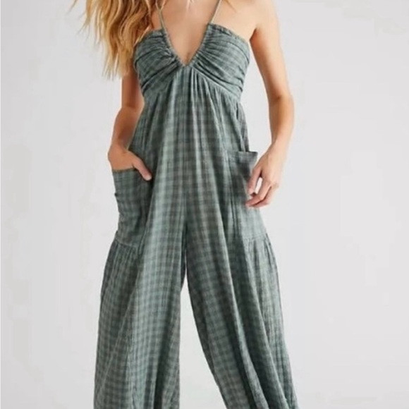 Free People Teal Checkered Jumpsuit | Poshmark