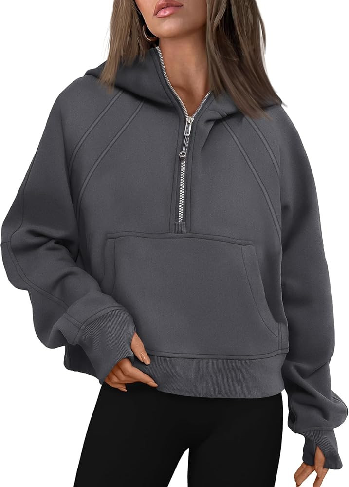 WYNNQUE Womens Quarter Zip Pullover Cropped Hoodies Long Sleeve Fleece Half Zip Sweatshirts Fall ... | Amazon (US)