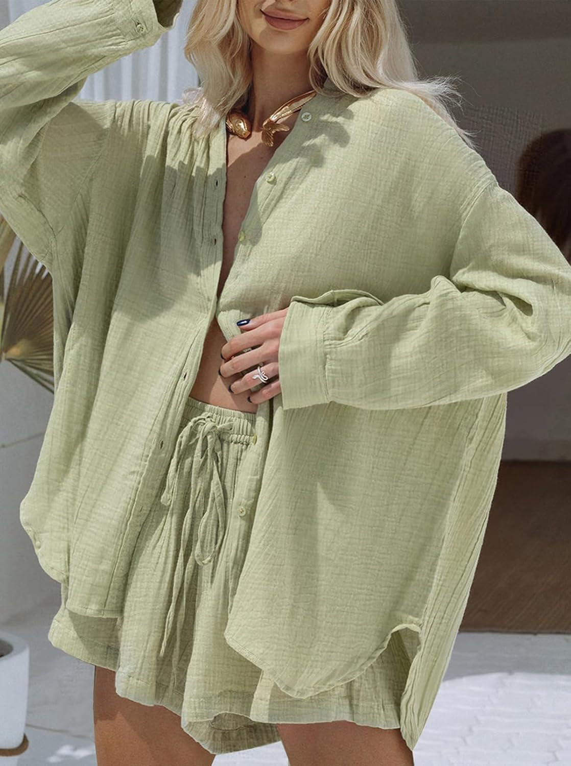 Fixmatti Women 2 Piece Outfits Long Sleeve Button Down Blouse and Shorts Sweatsuit Sets | Amazon (US)