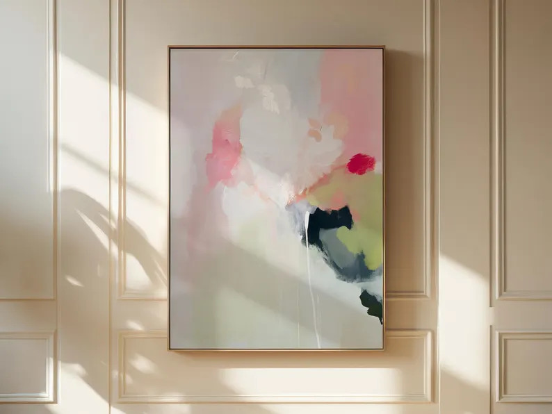 Vertical Abstract Canvas Wall Art Blush Pink Green Pastel Painting Warm Minimalist Decor for Bedr... | Etsy (US)