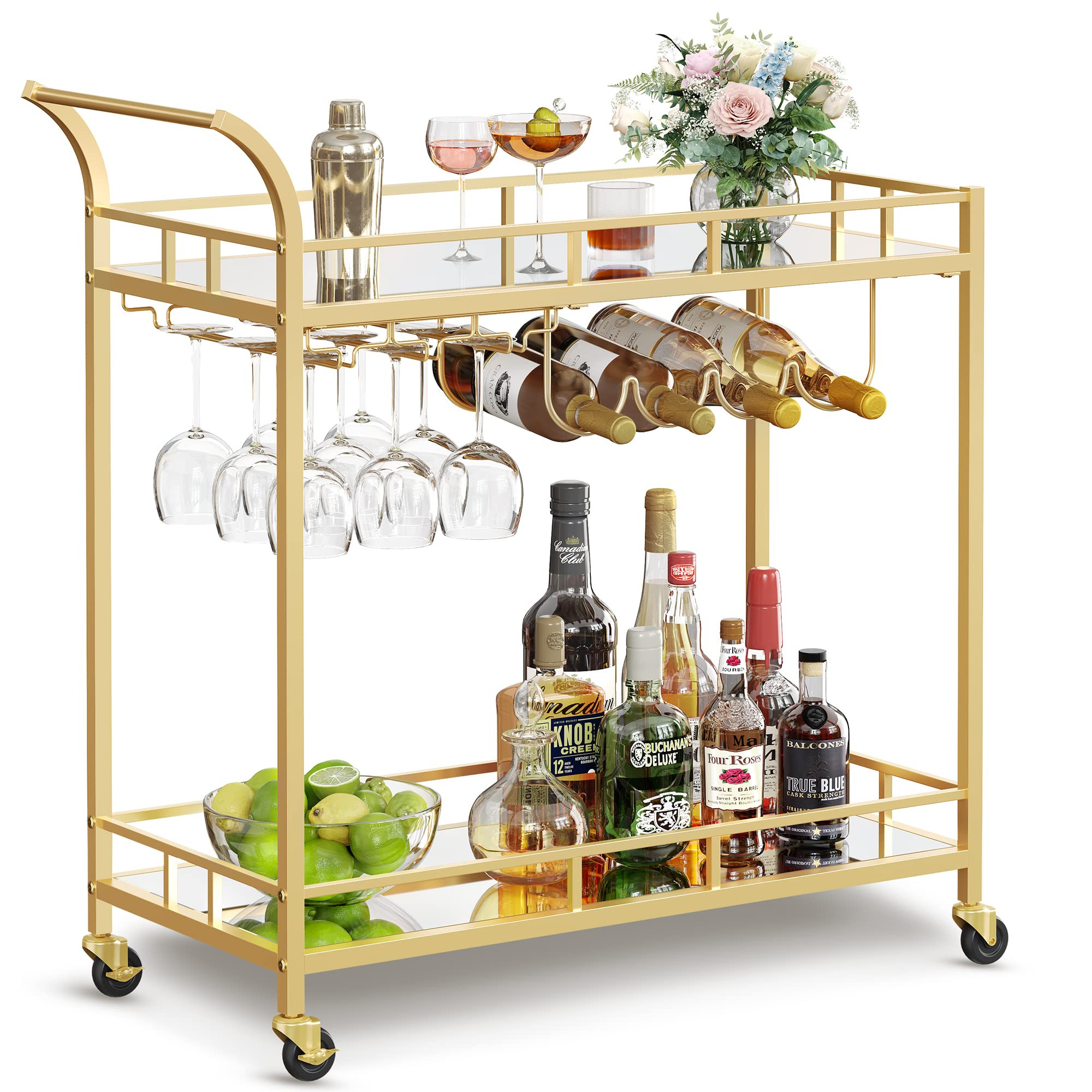 VASAGLE Bar Cart Gold, Home Bar Serving Cart, Wine Cart with 2 Mirrored Shelves, Wine Holders, Glass Holders, for Kitchen, Dining Room, Gold ULRC090A03 | Amazon (US)