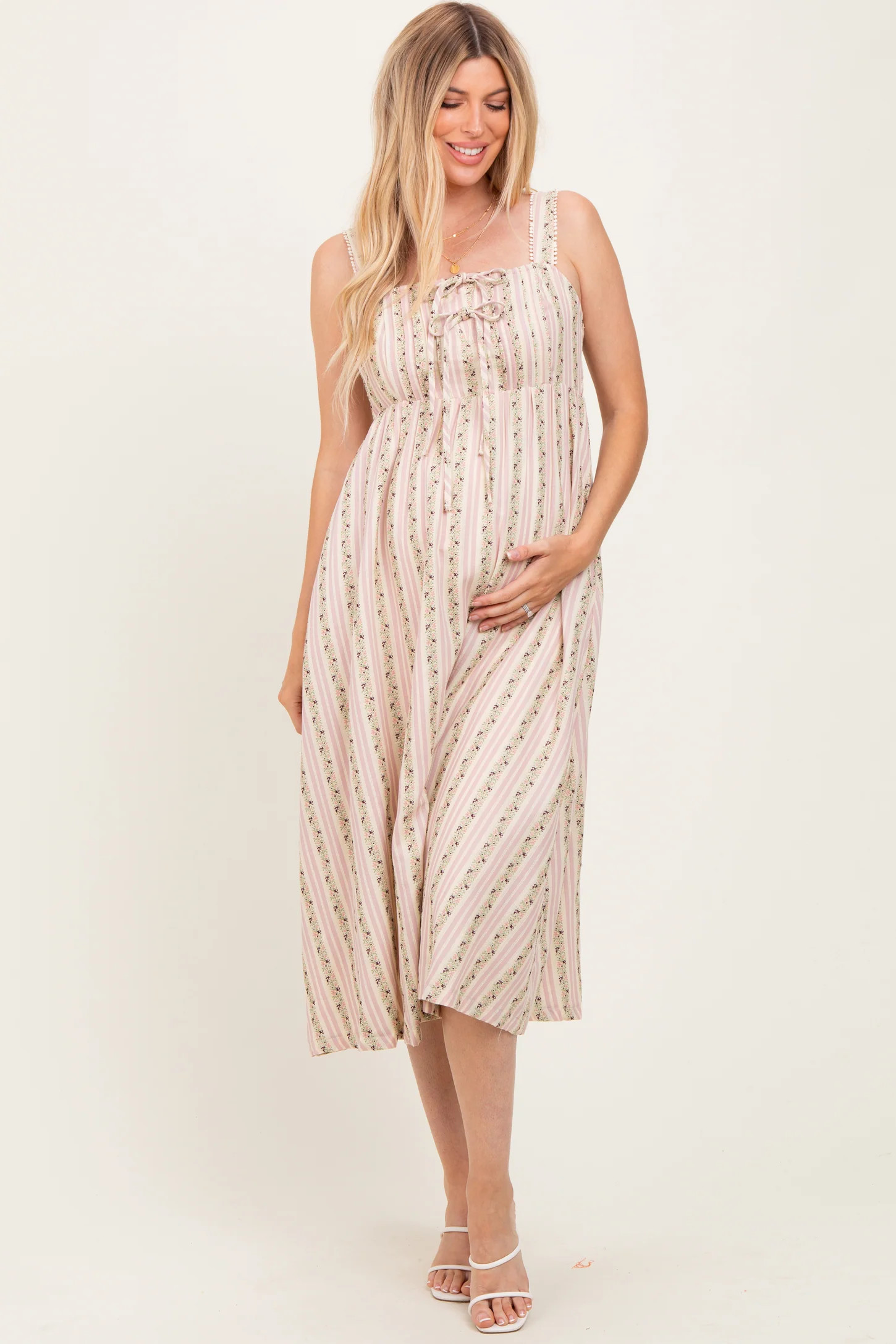 Pink Floral Embroidered Striped Maternity Midi Dress | PinkBlush Maternity