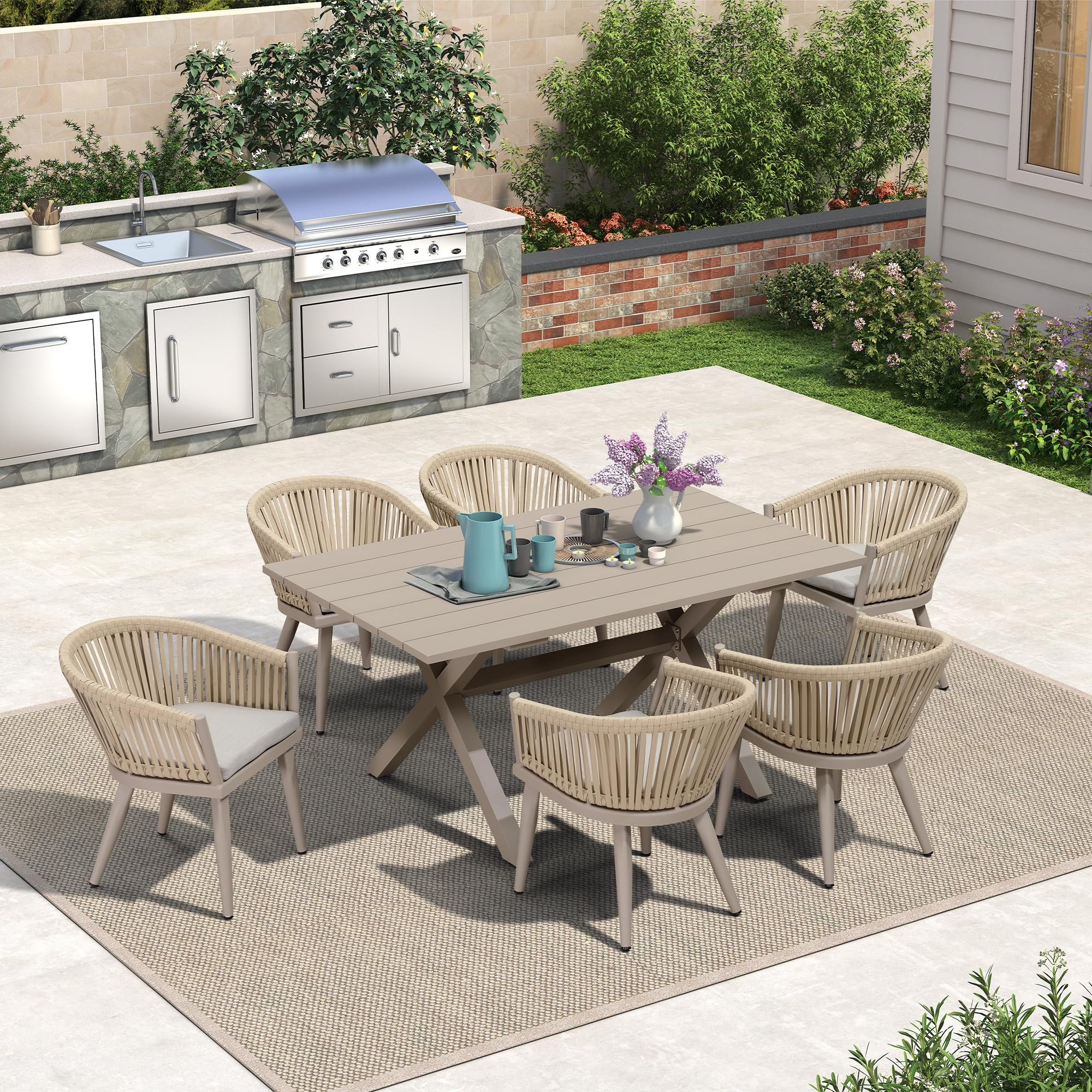 PURPLE LEAF 7 Pieces Outdoor Dining Set with Patio Aluminium Dining Table and Wicker Rattan Chairs Modern Furniture Cushions Sets for Backyard Indoor Decor Kitchen Champagne | Amazon (US)
