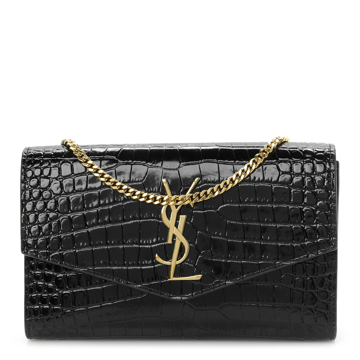 Calfskin Crocodile Embossed Monogram Uptown Chain Wallet Black | FASHIONPHILE (US)