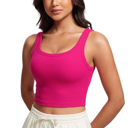 CRZ YOGA Ribbed Scoop Neck Crop Tank Tops for Women - Padded Longline Sports Bras Yoga Workout Cami Granita Pink XX-Small | Amazon (US)