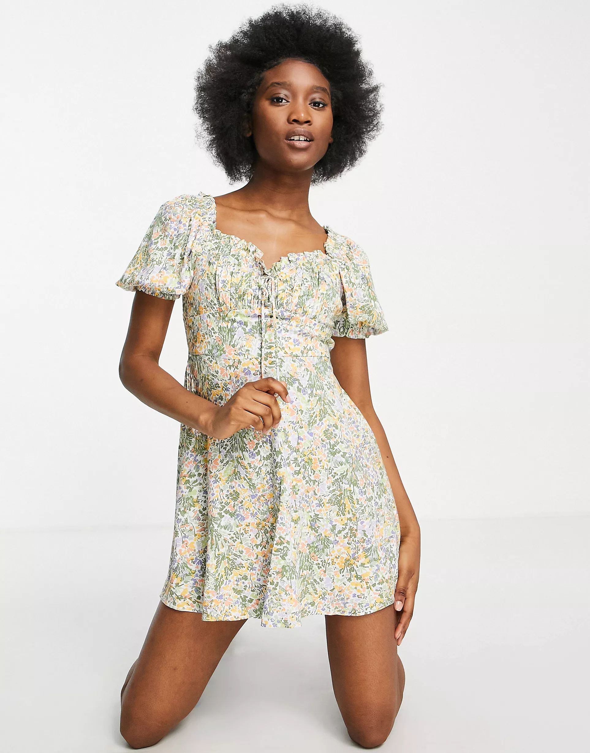 Miss Selfridge eco tie front milkmaid fit and flare mini dress in meadow floral | ASOS (Global)