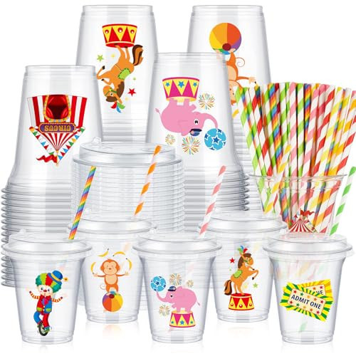 Boao 36 Sets Circus Carnival Cups with Lids and Paper Straws 14 oz Circus Carnival Birthday Party Supplies Favors Disposable Clear Plastic Cups Bulk | Amazon (US)