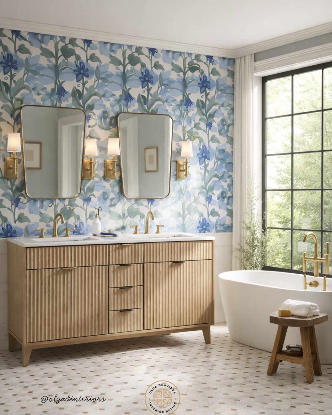 Relaxing bathroom design, free standing bathtub, floral wallpaper, gold mirrors and sconces, double vanity, tile from Wayfair. #homedecor #bathroominspiration

#LTKHome #LTKSeasonal #LTKselfcare