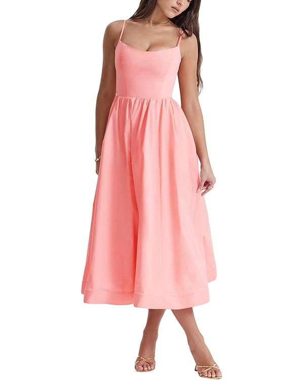 Women's Sexy Low Cut Spaghetti Strap Long Dress Casual Sleeveless Backless Slimd Midi Dress Squar... | Amazon (US)