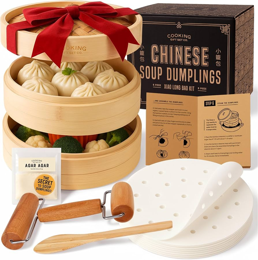 Cooking Gift Set Co. Bamboo Steamer Basket Soup Dumpling Kit - 2 Tier 8-Inch Dumpling Steamer for... | Amazon (US)