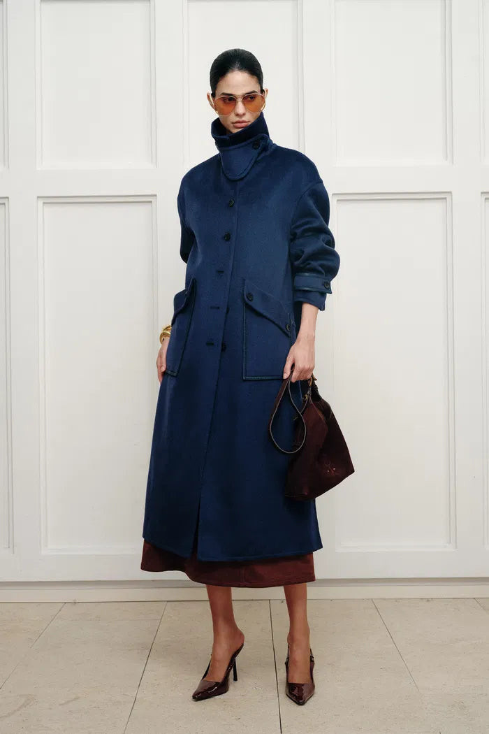 Theo Midnight Blu Trim Coat in Double Face Merino Cashmere | Fabrique