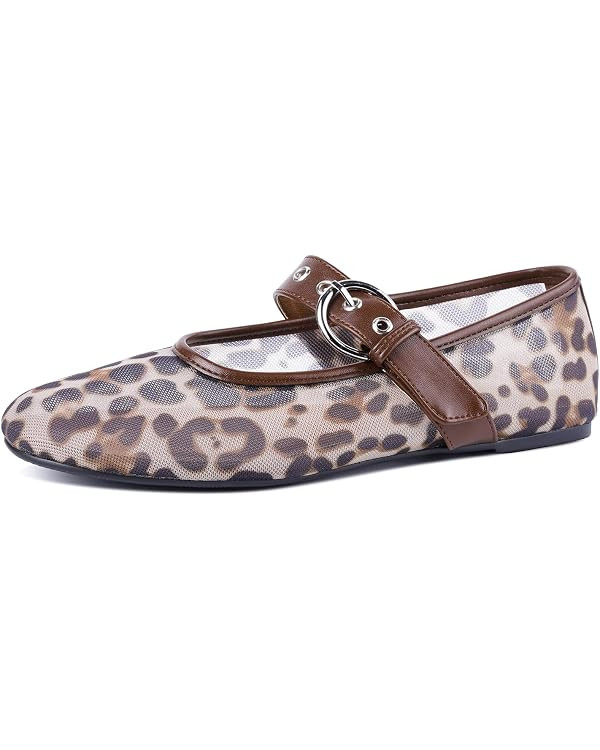 Leopard Mesh Flats for Women Round Toe Mary Jane Ballet Flats Buckle Strap Slip On Casual Breatha... | Amazon (US)