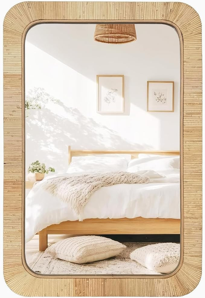 Rattan Rectangular Mirror 24x36, Boho Decorative Wall Mirror for Bathroom, Farmhouse Vanity Mirro... | Amazon (US)