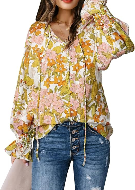 Biucly Women's Casual Boho Floral Print V Neck Long Sleeve Drawstring Tops Loose Blouses Button D... | Amazon (US)
