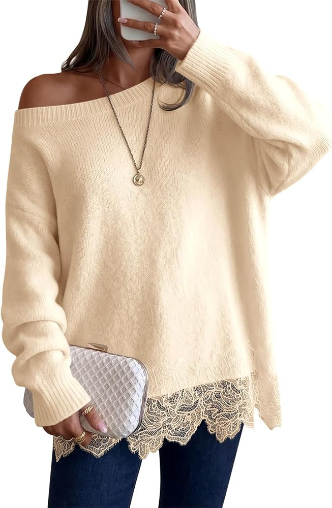 Saodimallsu Womens Lace Patchwork Sweater Long Sleeve Boat Neck Pullovers | Amazon (US)
