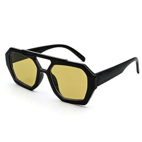 Onrtry Trendy Hexagonal Aviator Sunglasses for Women Thick Square Frame Double Bridge Sun Glasses(Black/Green&Yellow) | Amazon (US)