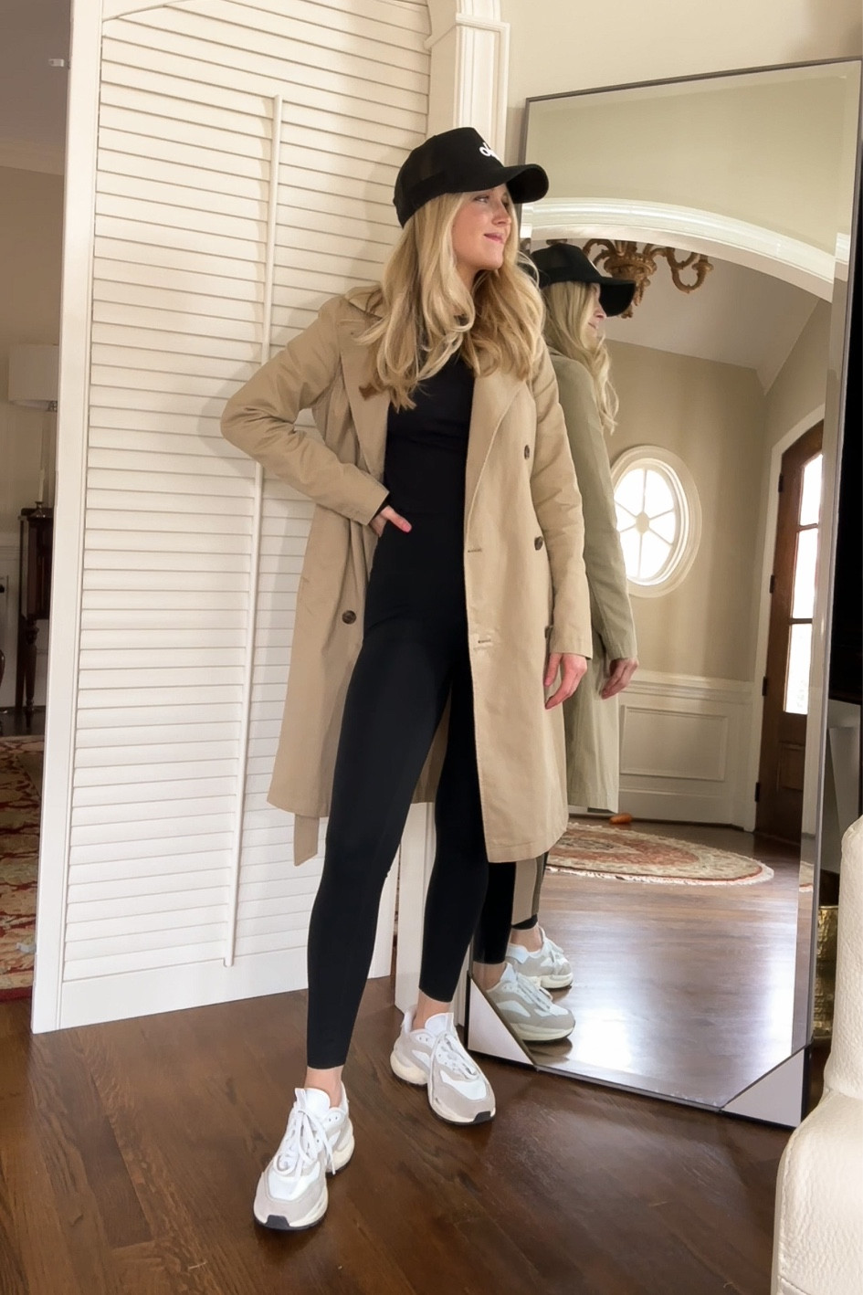 Trench coat outfit for chillier spring days. Black leggings, neutral sneakers, & my favorite Alo trucker hat 

#LTKunder100 #LTKFind #LTKfit
