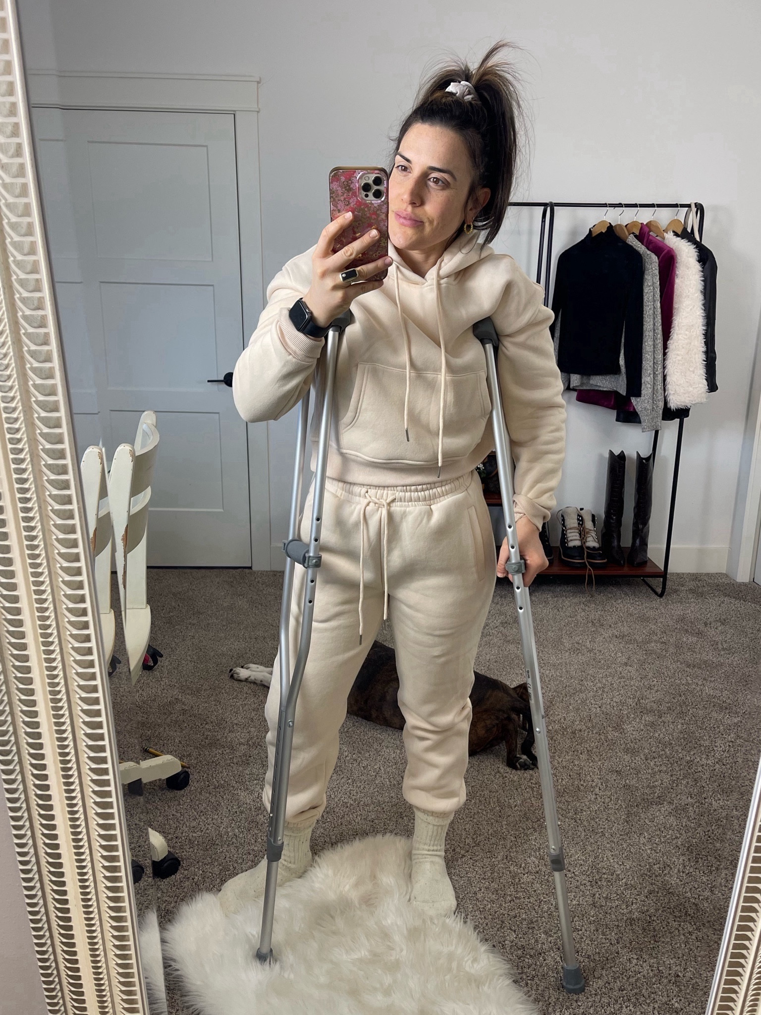 Winter sweat set. 
Amazon find. 
Matching set. 
Comfy cozy style. 
Cream sweats. 

This set is super thick!! Definitely for cold weather. I sized up to a medium. Really glad I did! With surgery I’m super puffy. Probably can go tts if you aren’t between sizes. The pockets kind of show on the leg. Don’t snag it if that would bother you. Love the thick cuffed hem on the leg and the seam detail on back of hoodie. Hoodie is a cropped style. But, sweats are super high waisted. No tummy showing. 

#LTKfindsunder100 #LTKSeasonal #LTKtravel