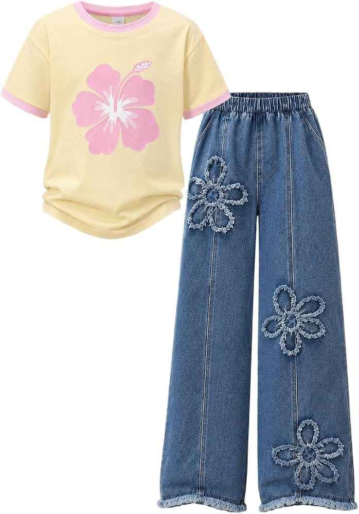 Tween Girls Clothes 2 Piece Outfits Short-Sleeved Top & Wide-Leg Jeans Pants Fall Clothing Set 7-... | Amazon (US)