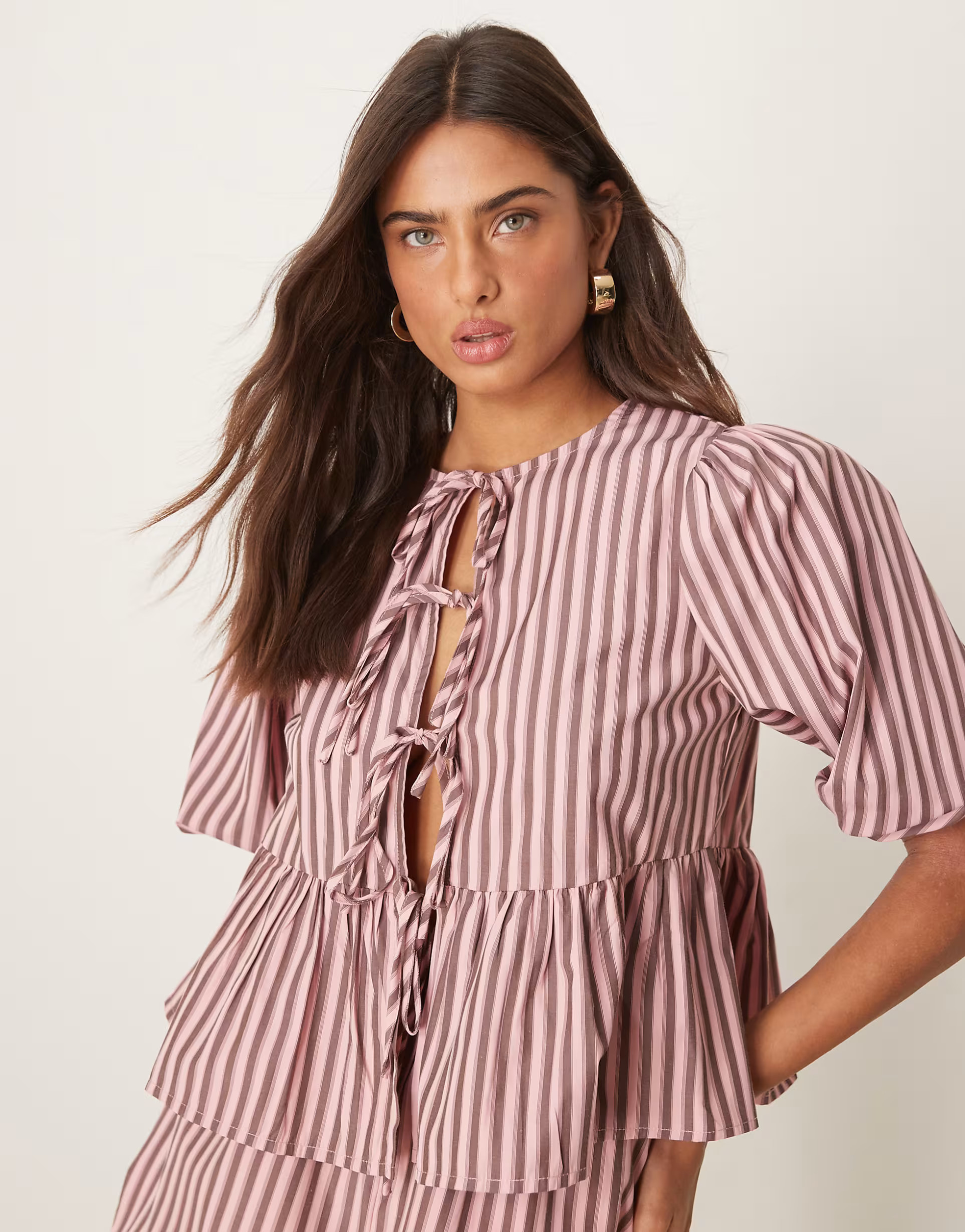 Glamorous puff sleeve bow tie up blouse in pink stripe co-ord | ASOS (Global)