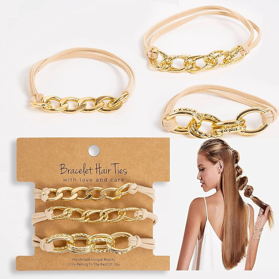 Gold Bracelet Hair Ties With Gold Elastics Hair Ties- 3 PCS Gold Hair Tie Bracelet, Bracelet Hair... | Amazon (US)